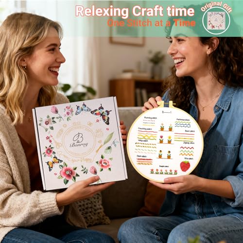 Bonroy Beginners Embroidery Practice kit 3 Sets to Learn 30 Different Stitches for Craft Lover Hand Stitch with Embroidery Fabric with Skill Techniques (BY-BD-S) - color: BY-BD-S
