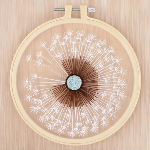 KISSBUTY Full Range Embroidery Starter Kit with Dandelion Pattern, Plastic Hoop, Color Threads, Tools