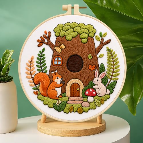 Zhenqing Treehouse Friends Embroidery Kit for Beginners, Woodland Animal Needlework Kit with Pre-Printed Cotton Fabric, Hoop, Threads & Tools, Nursery Decor (C0142) - color: Treehouse Friends