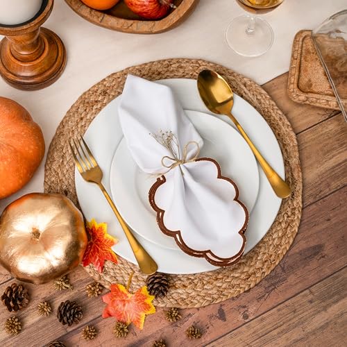 Blue Needles Cotton Scalloped Embroidery Cloth Napkins 17X17Inch - Set of 4 - color: Half White(edges - Nut Brown)