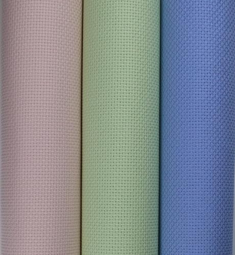 KCS 3 pc of 15" x 18"(38cmx45cm) Counted Cross Stitch Cotton Aida Cloth Needlework Rolled Fabric Box,14CT,Light Blue+Pink+Light Green - color: Light Blue+pink+light Green, size: 14CT