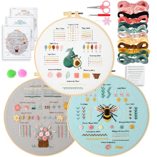 JOINRUN Beginner Embroidery Kit for Adults, 3 Pack with Video Tutorial - color: Bee