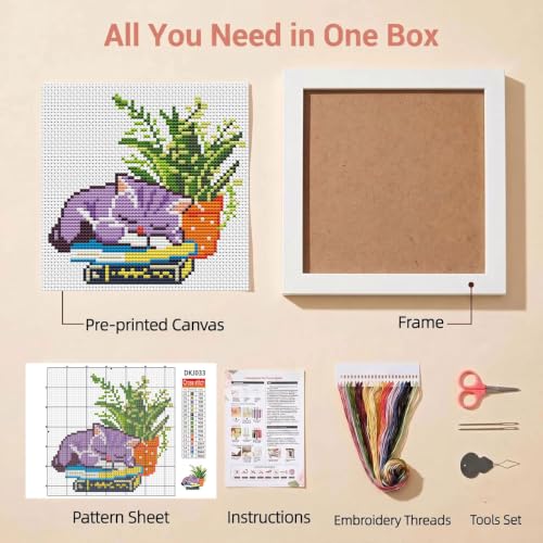 Sleepy Cat Greenery Stamped Cross Stitch Kits for Beginners with Framed - color: DKJ033