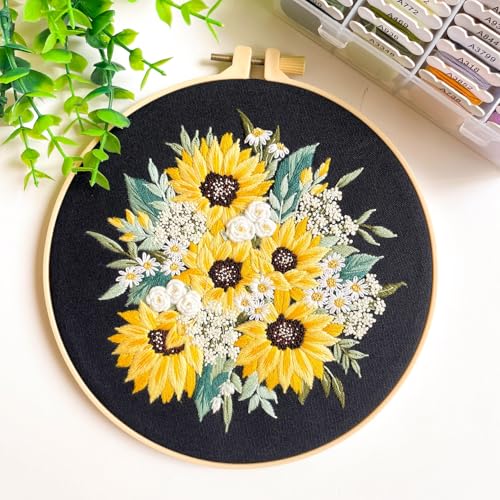 Silentsea Floral Embroidery Kit with Hoop, Sunflower Bouquet Pattern, 3 Designs, Beginner Cross Stitch Set