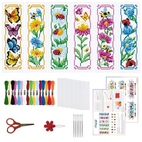 ORIGACH 6 Set Garden Floral Insect Cross Stitch Bookmark Kit for Beginner - style: Flowers and Butterflies