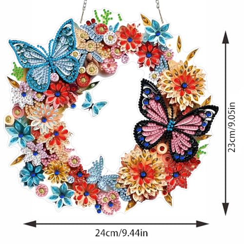 STGLCR Butterfly Diamond Art Hanging Kit for Adult Wreath, DIY Acrylic Flowers Diamonds Painting Double Sided Ornament Pendant Board Kit Floral Diamond Painting Art for Christmas Decro 9.4inch - color: 75-Butterfly Flowers Wreath