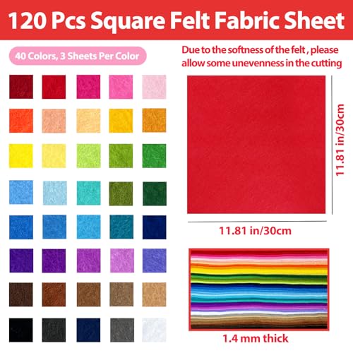 120 Pcs Soft Felt Squares Sheets Bulk, 12"x12", 1.4MM Thick