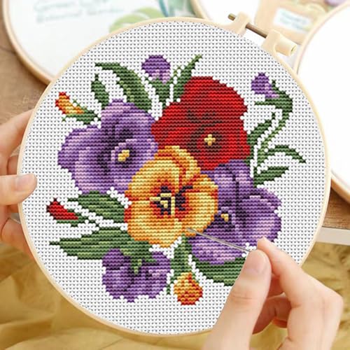 TCDZMYGS 3 Pack Flower Cross Stitch Kits for Beginners,with Hoop 8x8in - color: MY013-MY014-MY015