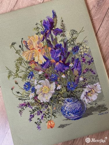 Merejka Irises and Wildflowers Counted Cross Stitch Kit K-249, Floral Still Life on Green Zweigart Aida 14, 38 DMC Mouliné Colors, John James Needle, Finished 9.8 x 13.8 in (25 x 35 cm)