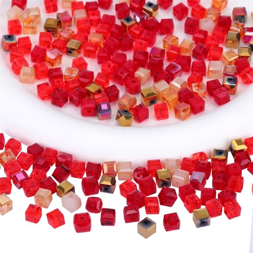 BEEFLYING 200Pcs 6mm Crystal Cube Glass Beads Square Loose Glass Spacer Beads for Jewelry Bracelet Necklace Earring DIY Craft Home Decor（0.24inch Red - color: Red, size: 6mm