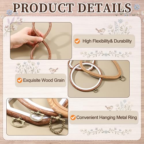 Hotop 171 Pcs Embroidery Kit for Beginners Adults, Starter Kit with 9 Wood Grain Embroidery Hoops in 4 Shapes, 100 Color Threads, 12 Color Fabric, Wood Storage Box, Needles, Scissors and Tools