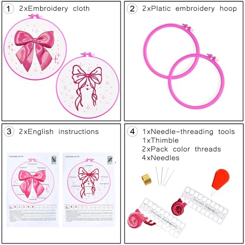 2 Sets Pink Hand Embroidery Kits for Beginners Adults, Cute Bow Embroidery Starter Kits, Cross Stitch Kits for Beginner Needlepoint DIY Kits for Adult, 2 Set Embroidery Hoops, Thread & Video Tutorial - color: Pink