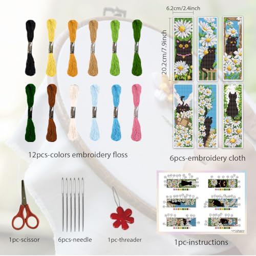 ORIGACH 6 Set Cat & Daisy Cross Stitch Bookmark Kit for Beginner - style: Cat and Daisy
