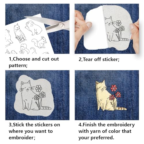 BENECREAT 4Sheets 52Pcs Animal Water Soluble Embroidery, 11.7x8.3inch Cats Dogs Rabbits Stick and Stitch Embroidery Paper Stabilizer Water Soluble Hand Sewing for Shirts, Coats, Bags - color: Cats Dogs Rabbits