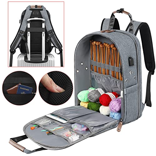 SINVICKO Crochet Bag, Knitting Bag Backpack and Totes Organizer with USB Charging Port, Large Yarn Storage Tote Bag - color: Grey