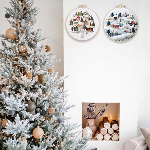 FONNUY Crewel Christmas Embroidery Kit for Beginners, Cross Stitch Set Winter Snow Scene Pine Owl Pattern for Adults, Easy to Follow Color Thread Needlework, 8'' Hoop (Snow Village) - style: Snow Village