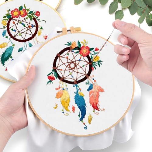 ERKOON 4 Set Embroidery Kit for Beginners, Cross Stitch Set Include Embroidery Cloth Hoops Threads for Craft Lover Hand Stitch with Embroidery Skill Techniques (Feather Wreath) - color: Feather Wreath