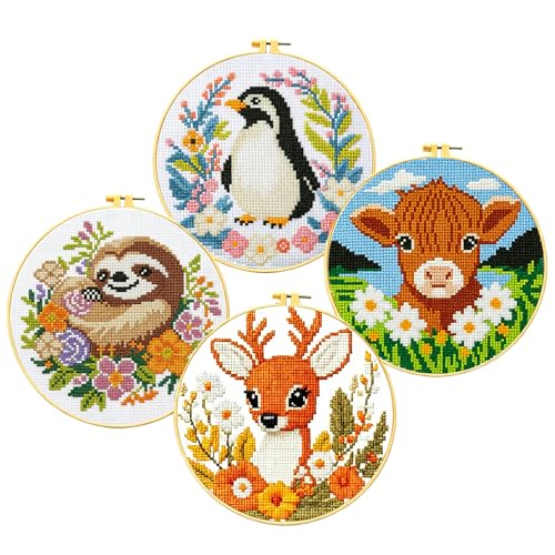 Zhenqing 4-Piece Animal Cross Stitch Kit for Beginners - Complete Set with Pre-Printed 11CT 24x24cm Fabric, Hoop & Tools (Penguin, Sloth, Cow, Deer Designs)(70405) - color: 70405