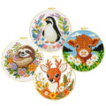 Zhenqing 4-Piece Animal Cross Stitch Kit for Beginners - Complete Set with Pre-Printed 11CT 24x24cm Fabric, Hoop & Tools (Penguin, Sloth, Cow, Deer Designs)(70405) - color: 70405
