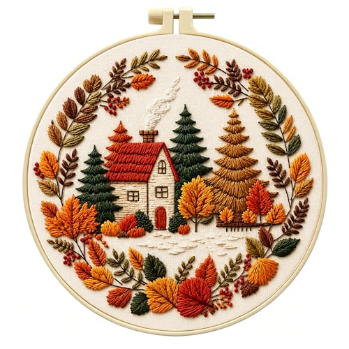 Zhenqing Autumn Cottage Squirrel Embroidery Kit for Beginners, Woodland Cottage Needlework Craft, Printed Fabric with Hoop, Threads & Full Tools, Fall Home Decor DIY Project, 29x29cm (C0058) - color: Autumn Woodland Cottage