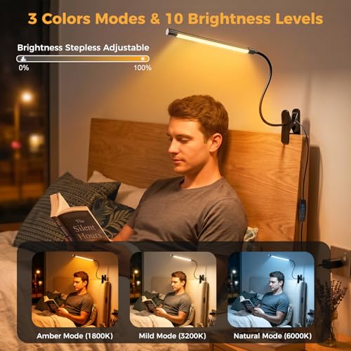 Clip on Reading Light for Books in Bed: Adjustable Dimmable Gooseneck Eye Caring LED Small Desk Table Lamps with Clamp: 3 Modes Lighting Night Lamp for Bed Headboard - Bedside（with Power Adapter）