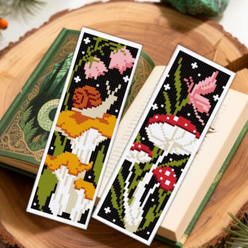 ACRNIGHEET 6PCS Stamped Cross Stitch Bookmark Kit for Beginners Mushroom - style: Mushroom Patterns