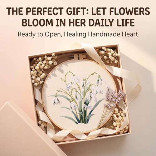 Harimau Adult Beginner Embroidery Starter Kit, Complete Set with 4 Patterns, 2 Hoops, Needles, Scissors, Instruction Guide & Stitching Video Tutorials - color: Floral6 pattern