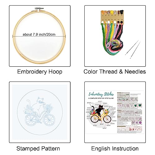 Louise Maelys Cat Bicycle Embroidery Kit for Beginners Floral DIY Craft - color: kit-20