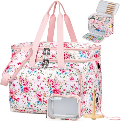 Crochet Organizer Bag with Yarn Holder, Large Yarn Storage for Accessories - color: Pink