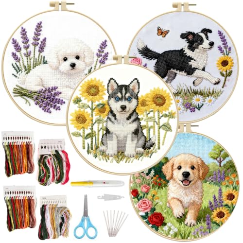 FEIYUENO 4 Pack Pet Pattern Stamped Embroidery Kit for Adults Beginner, Dog - color: Dog
