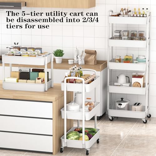 Sywhitta 5-Tier Plastic Rolling Utility Cart with Wheels for Storage,White - color: White, size: 5-tier