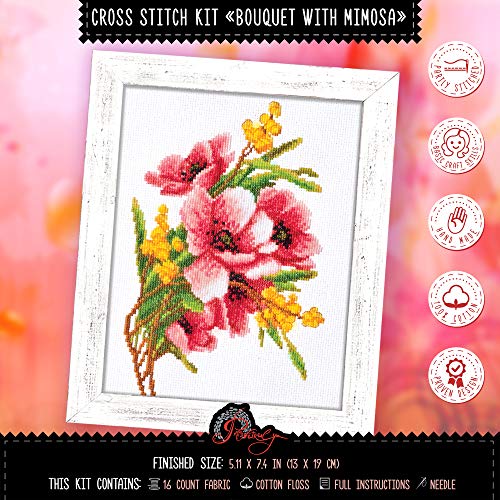 Povitrulya Flower Embroidery Kit 'Bouquet with Mimosa' - DIY Cross Stitch Set for Engagement, Graduation, Mother's Day Gift - color: Bouquet with Mimosa