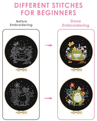 TINDTOP 2 Pack Embroidery Kit for Adult, Embroidery DIY Starter Kit, with Stamped Patterns, Hoop, Tools, Colorful Threads with Needles, Instructions (Frog) - color: Frog