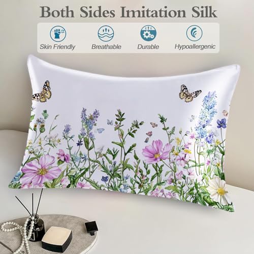Satin Pillowcase for Hair and Skin Watercolor Wildflowers Butterfly Super Soft and Cooling Similar to Silk Pillow Case 1 Pack with Hidden Zipper Silky Soft Zippered Satin Pillowcase20 x30 - color: Watercolor Wildflowers Butterfly