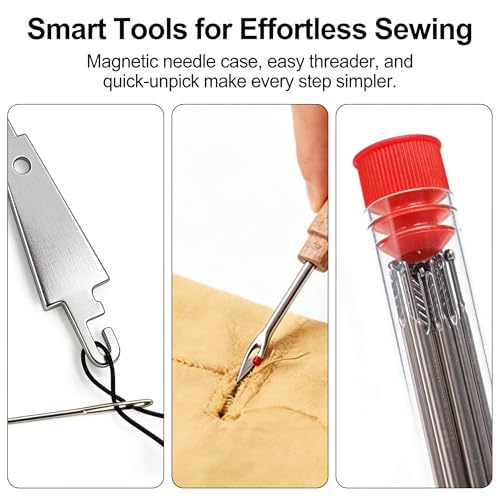 37 Pcs Stainless Steel Hand Sewing Needles Kit – Big Eye Easy-Threading Needles with Thread Ripper, Needle Threaders, Threads & Thimbles for DIY Craft