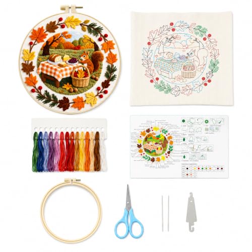 Zhenqing Squirrel Embroidery Kit for Beginners, Autumn Picnic Needlework Kit with Pre-Printed Cotton Fabric, Hoop, Threads & Tools, Fall Woodland Decor (C0141) - color: Autumn Picnic Squirrel