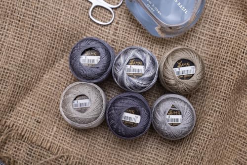 6 Balls Premium Pearl Cotton Embroidery Thread Size 8 | 100% Egyptian Cotton Crochet Yarn | Cross Stitch Embroidery Yarn | Oeko TEX Certified | 10 Grams per Ball (Grey Tones) - color: Grey Tones