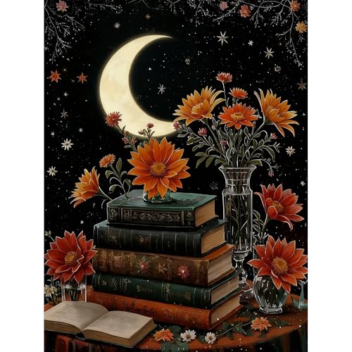 Lzyueyuan Book Flower Stamped Cross Stitch Kits for Adults Beginner, Moon Cross Stitch Ornament Kits Counted Embroidery Needlepoint Kits Home Decor 11.8X15.7inch - color: Cross Stitch-1029-3
