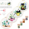 Mozzyyee 4pcs Cat Embroidery Kits for Beginners, DIY Adult Beginner Embroidery Sets with Instructions, 2 Plastic Embroidery Hoops,Scissor, Threads and Needles (Black Cats) - color: Black Cats