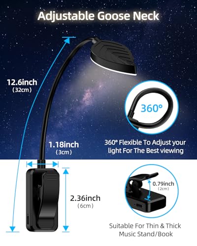 Rechargeable Book Lights for Reading at Night - Eye,3 Color Temperatures,3 Brightness Levels,Flexible Goose Neck Clip on Light,Reading Lights for Books in bed with Power Indicator Bookworms (Black)