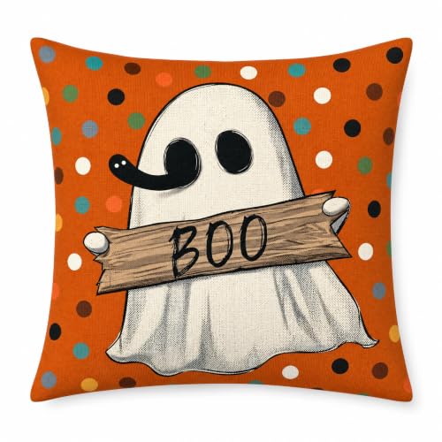 Ghost Holding Boo Sign Linen Throw Pillow Cover 18x18 for Couch - color: Pa10065, size: 18" x 18" (Pack of 1)