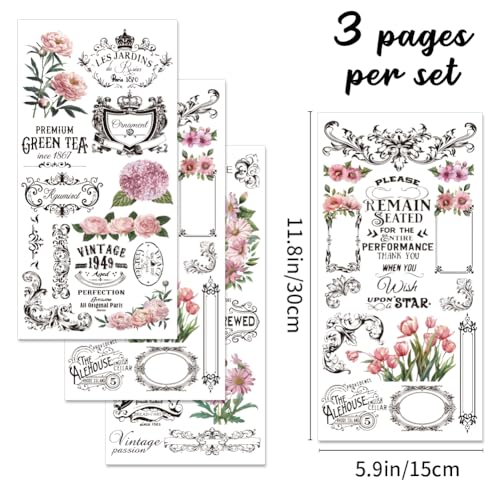 Vintage Floral Rub on Transfer for Crafts 3 Sheets Retro Flower Text Furniture Rub on Transfers Stickers Decal for Wood Wall Window Home Office DIY Art Craft Decor 11.8 x 5.9 Inch - style: Style 4- Retro French
