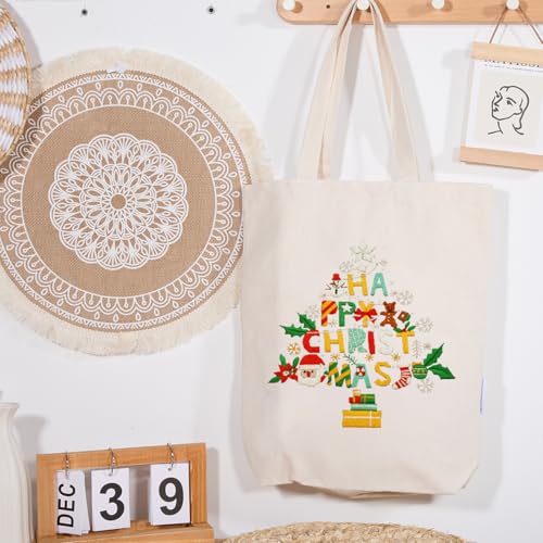 Canvas Tote Bag Embroidery Kit with Pattern for Beginners, Arts and DIY Embroidery Crafts Kits for Adults, Instructions, Thimble, Embroidery Hoops, Color Threads (Beige, CR002 Christmas Tree) - color: CR002 Christmas tree