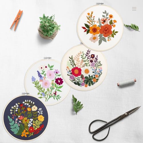 Bonroy 4 Sets Embroidery Kit for Beginners with Instructions,Cross Stitch Kits for Adults with Pattern,Needlepoint Kits for Adult Include Embroidery Cloth Hoops Needles Threads - color: flowers7