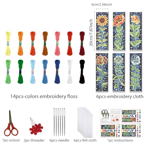 FREEBLOSS 6 Set Cross Stitch Bookmark Kit 11 CT Stamped Cross Stitch Kit DIY Embroidery Bookmark Kits for Adult Beginners with Instructions, Brightly Flowers Pattern, 6 x 20 cm/8" x 2.4" - style: Bright Edged Flowers