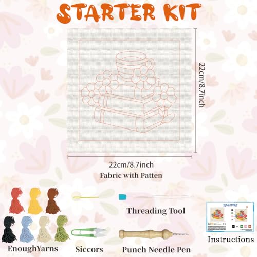 BEUNITONE Book and Flower Punch Needle Kit for Adults Beginners, Complete DIY Craft Embroidery Kits with Hoop, Punch Needle Starter Craft Set for Festival Gift and Home Decor 9.4x9.4in - color: 03-Book Flower