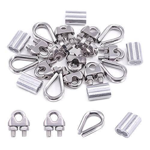 Swpeet 24Pcs M6 (1/4") Wire Rope Accessory Set, Included M6 Wire Rope Cable Clip Clamp, M6 Stainless Steel Thimble, 6mm Aluminum Crimping Loop Sleeve Perfect for 1/8 inch Wire Rope Cable (M6) - size: M6