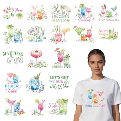 Rngmsi Dtf Transfers Ready to Press - 20 Pcs Mahjong Iron on Patches for T-Shirts, Funny Mahjong Iron on Stickers Heat Transfer Vinyl Decals for DIY Fabric Clothes Decor - style: Mahjong