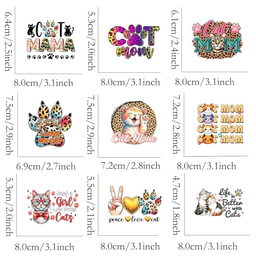 9pcs Cat Mom Iron On Decals Thermal Transfer Stickers for Clothing Appliqued Sublimation Patches Iron On Transfer Designs Heat Press Vinyl for Shirts Pillow Covers - style: 9PCS-B01(Small)