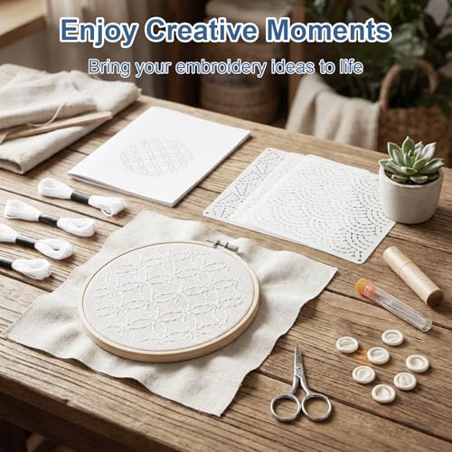 24 Pcs Sashiko Stencils, Plastic Sashiko Template Patterns with Thimble, 9 Needles, Thread, Needle Tube & Finger Cots, Geometric Embroidery Drawing Stencils for Hand Sewing, Washable